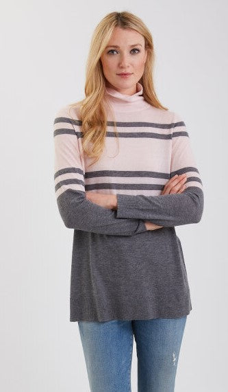 Cashmere funnel-neck sweater with block stripes, light pink and dark gray