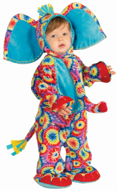 Infant tie-dye elephant costume with blue hood and large rainbow ears, foot covers.