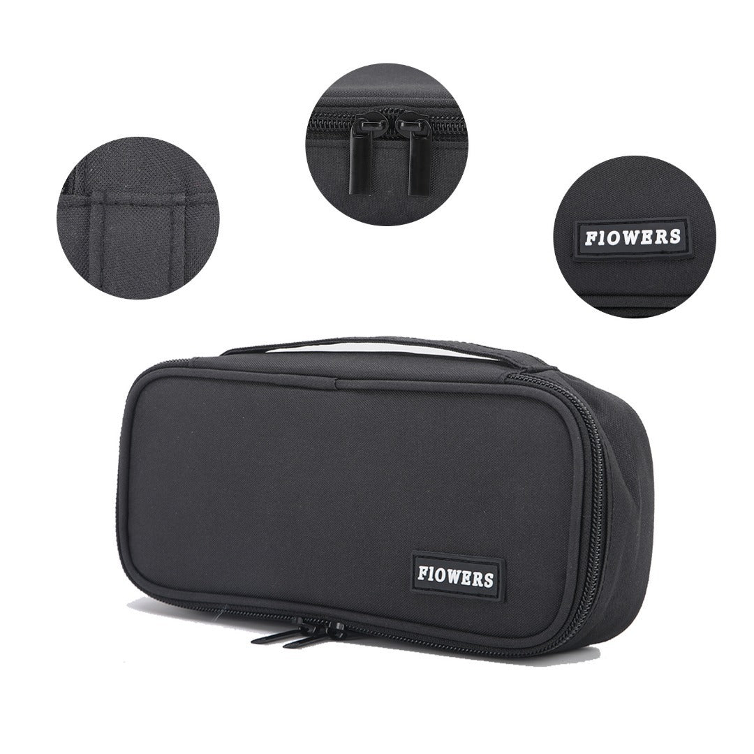 Black zipper pencil case with front logo patch and reinforced stitching details