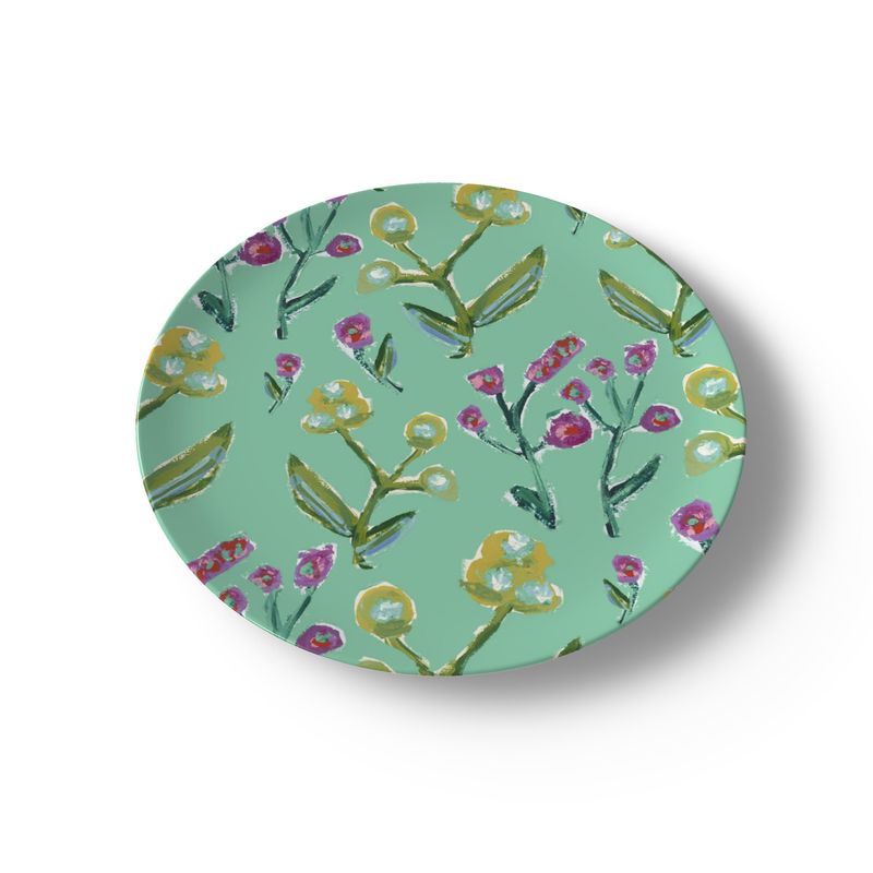 Botanical patterned china plate, mint green center with flowers and leaves