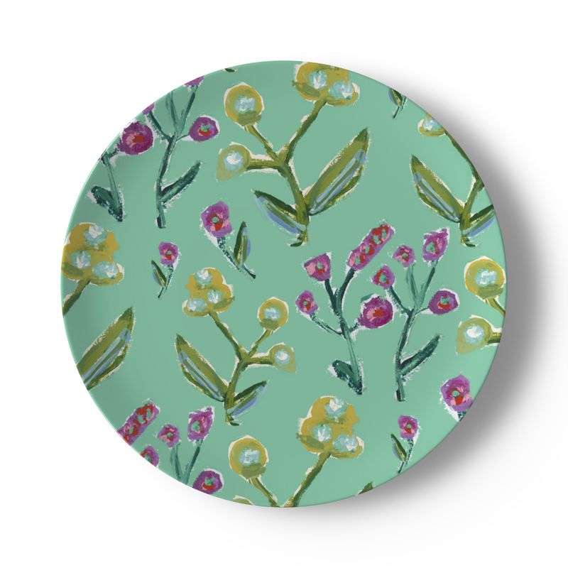 Botanical china plate, mint background with colorful wildflowers and stems