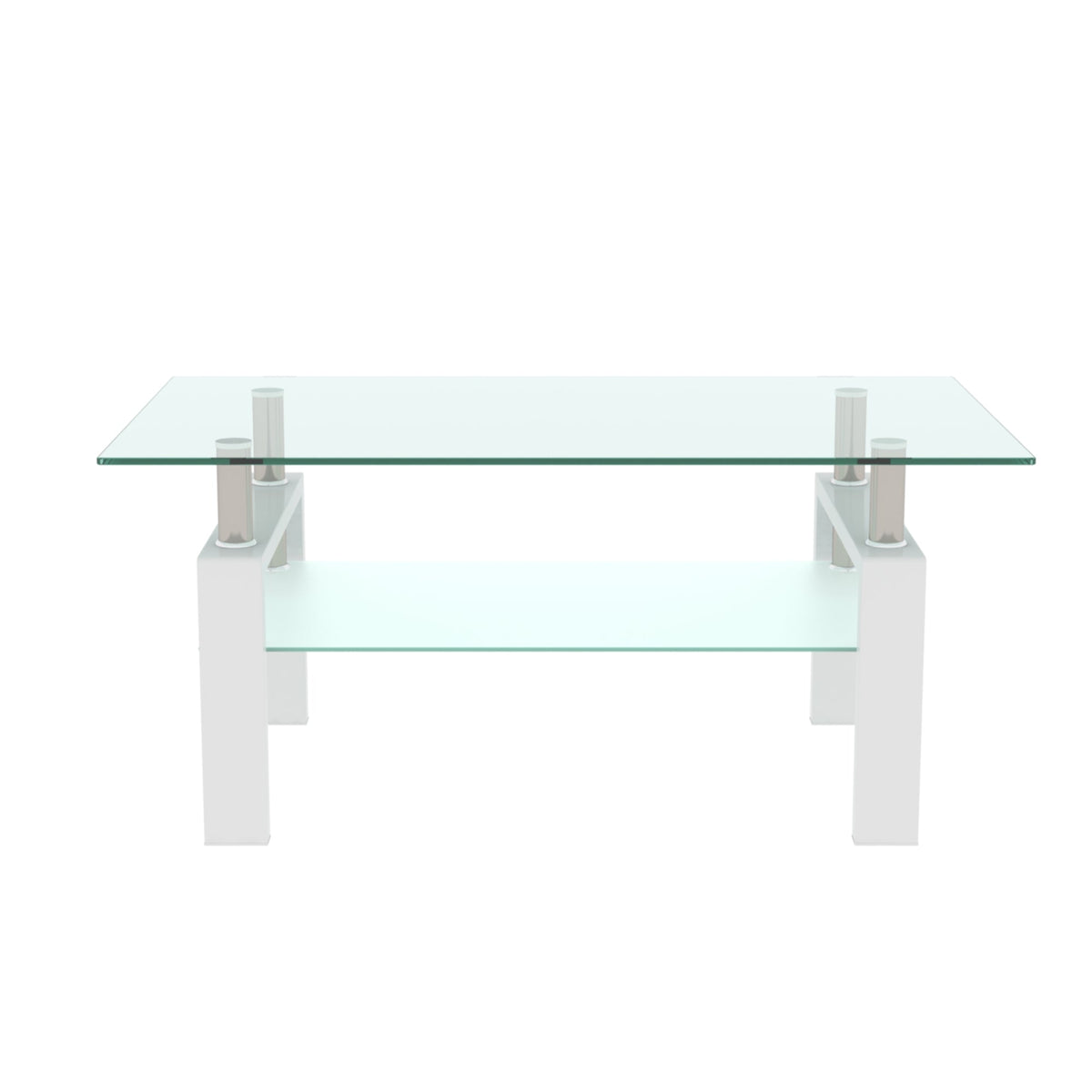 White coffee table with clear rectangular glass top and four vertical legs