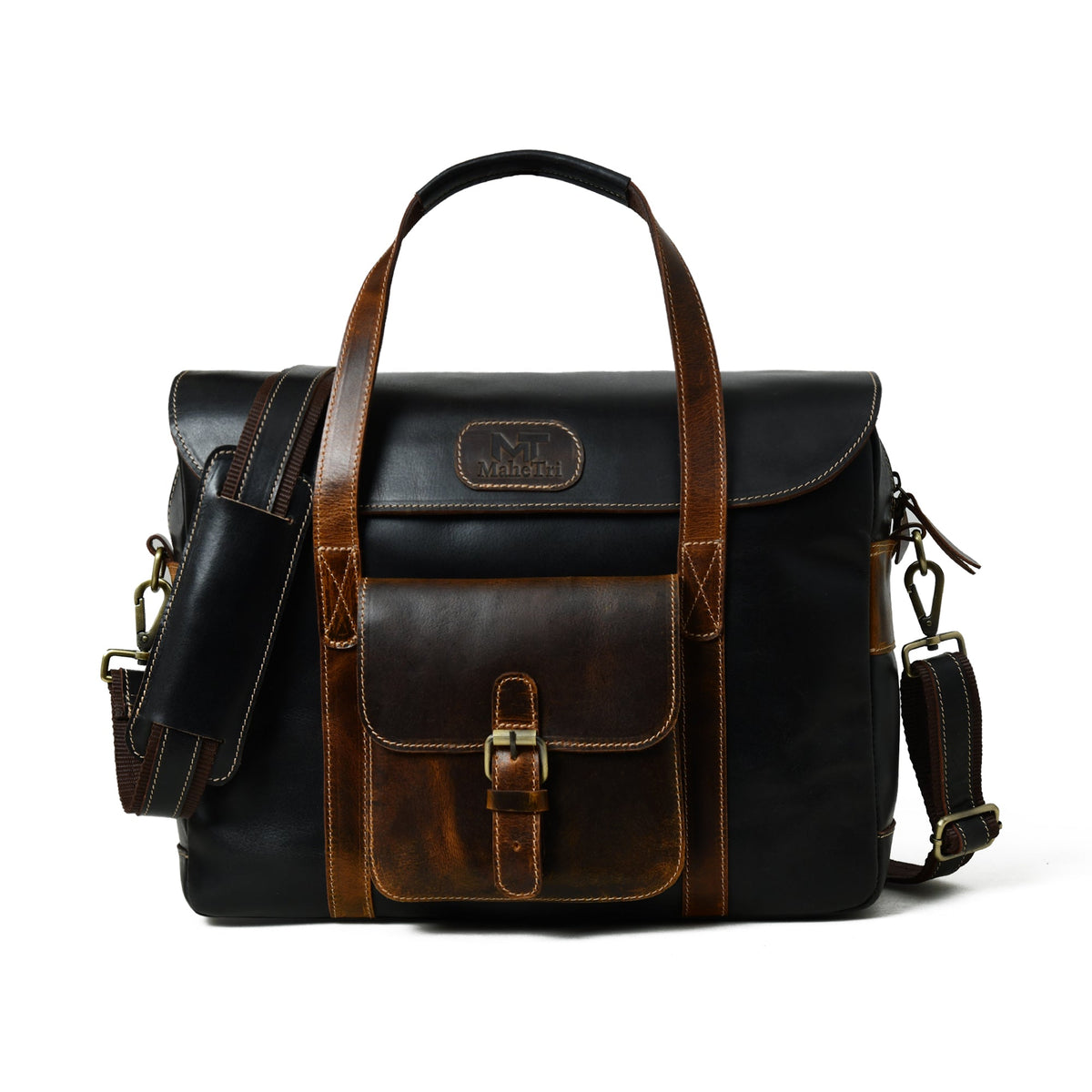 Black leather briefcase with brown top handle, front flap pocket and side shoulder straps