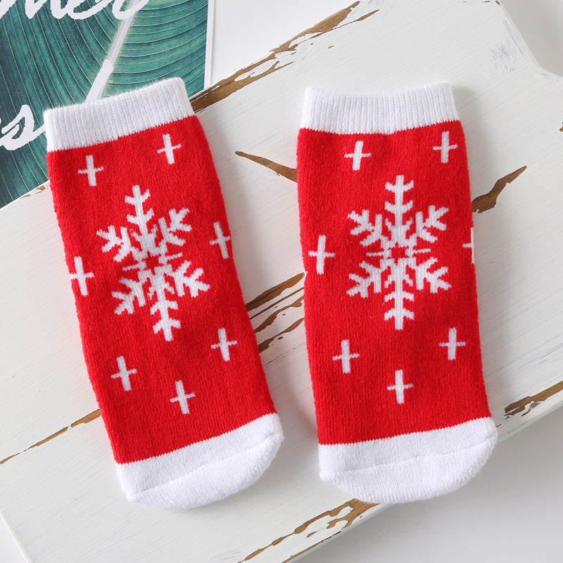 Children's cotton Christmas socks with snowflake pattern on red and white