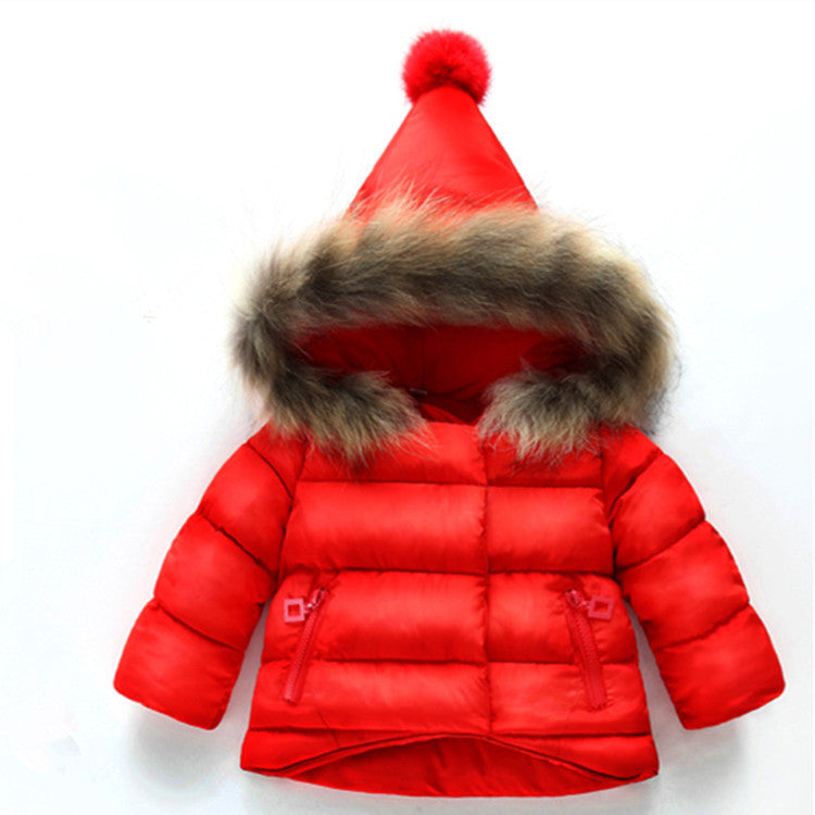 Red hooded baby puffer jacket with faux-fur trimmed hood and zip front