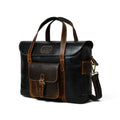 Black leather top-handle travel briefcase bag with brown trim and front buckle pocket