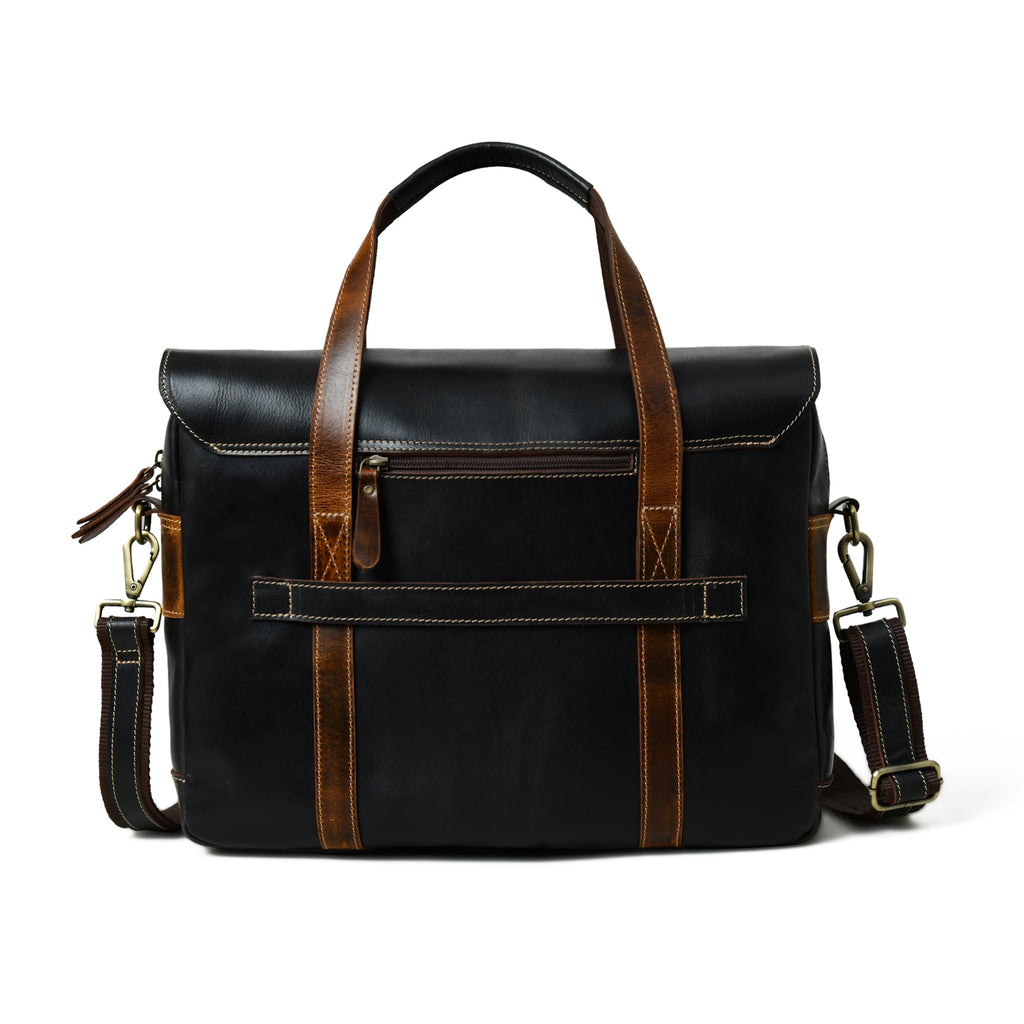 Black leather briefcase with brown top handle, front zipper panel and buckle flap
