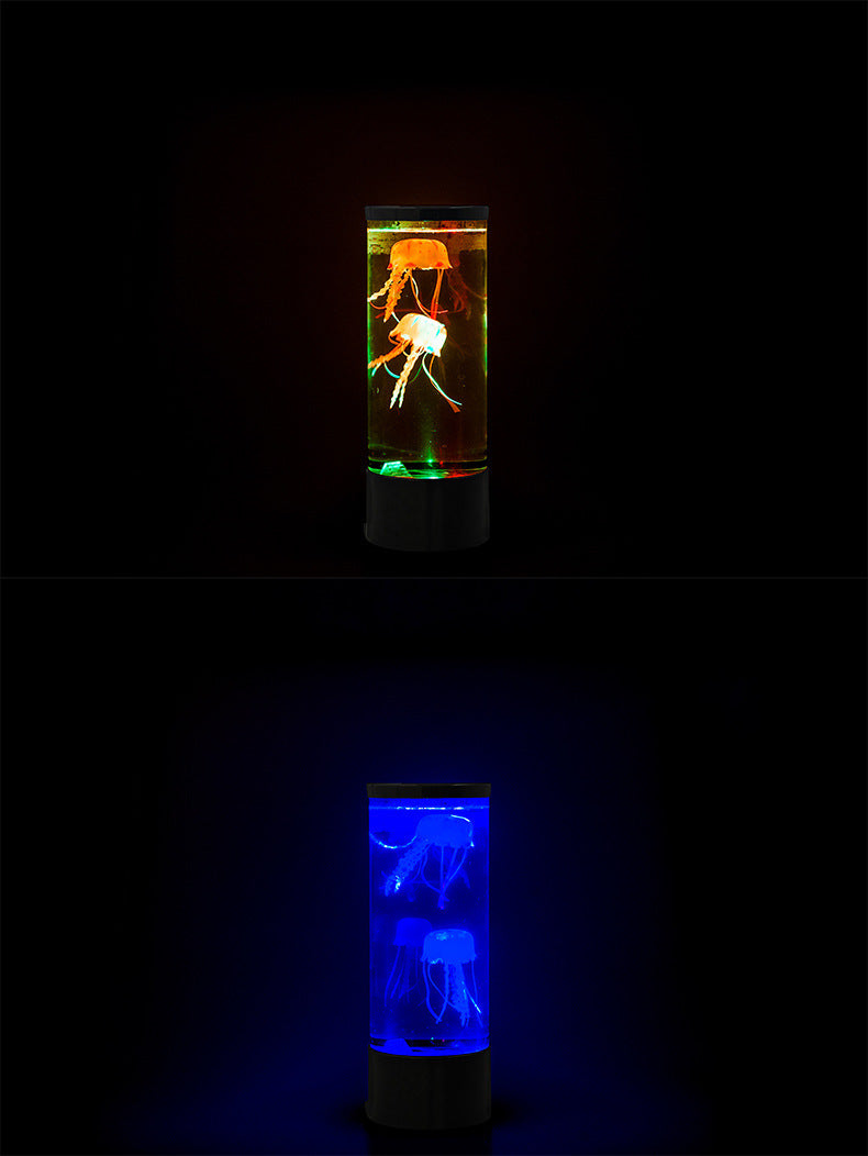 LED jellyfish aquarium night light showing amber and blue glow modes, black base