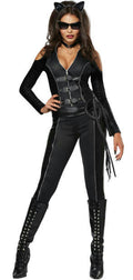 Black cat adult costume catsuit with cat-ear hood, long sleeves, and front harness details