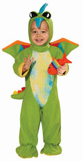 Green dinosaur toddler costume with hood, fin wings, and fish rattle toy