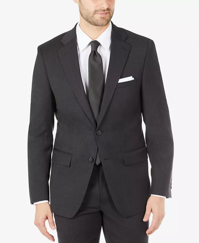 Men's slim-fit wool suit jacket, dark charcoal, notch lapel, two-button front