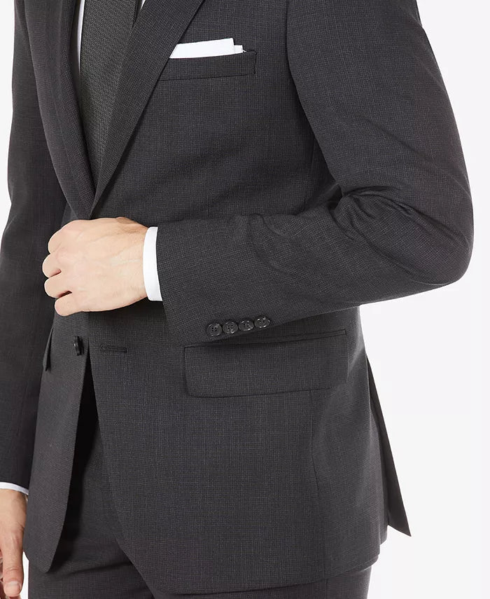 Men's suit jacket sleeve and flap pockets, dark charcoal, four-button cuff