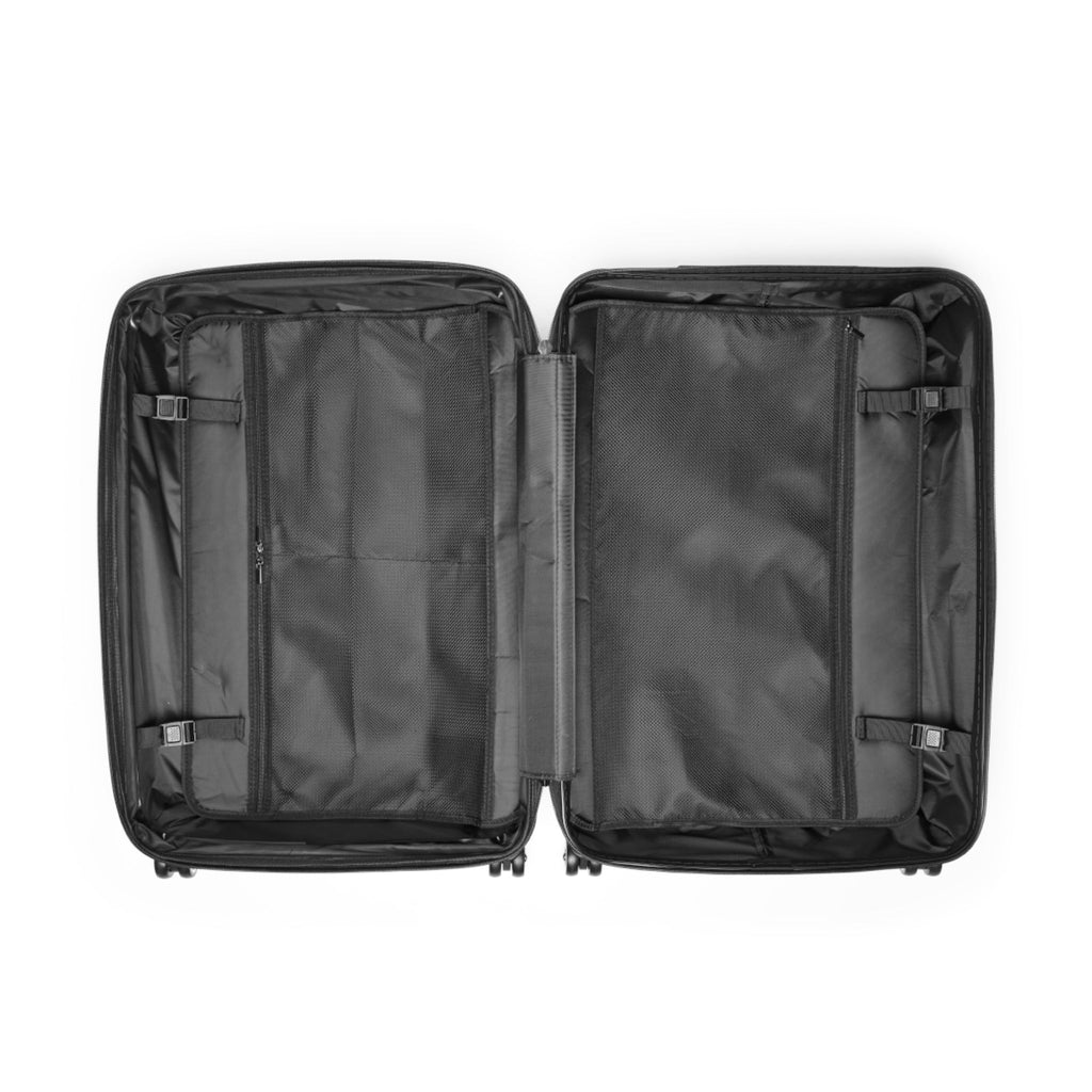 Open black hard-shell suitcase showing lined interior compartments