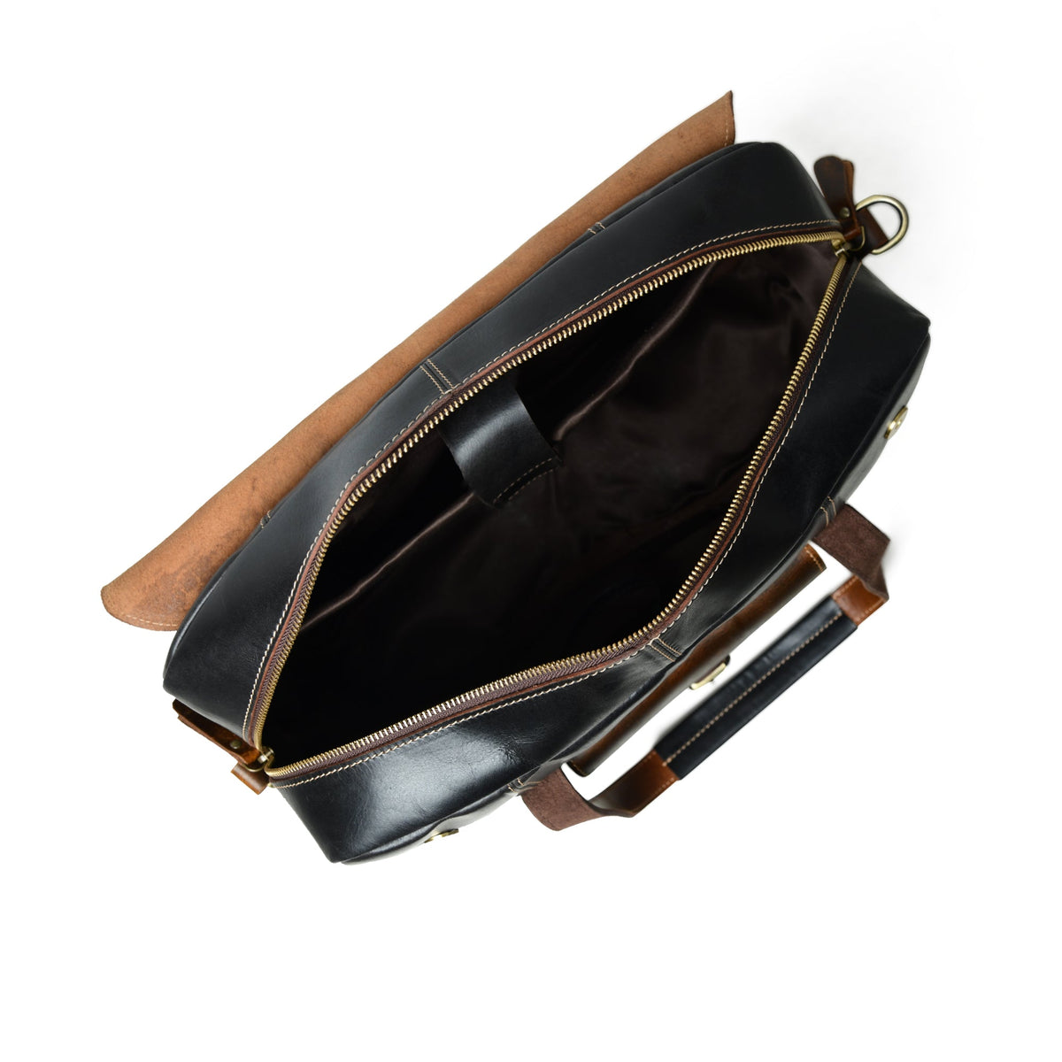 Black leather zip-top bag interior view with brown trim and shoulder strap