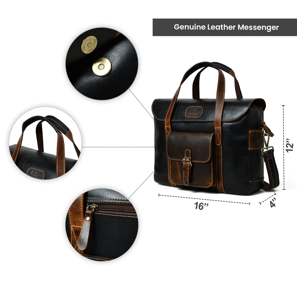 Black office travel top handle bag with flap, front pocket, and adjustable shoulder strap