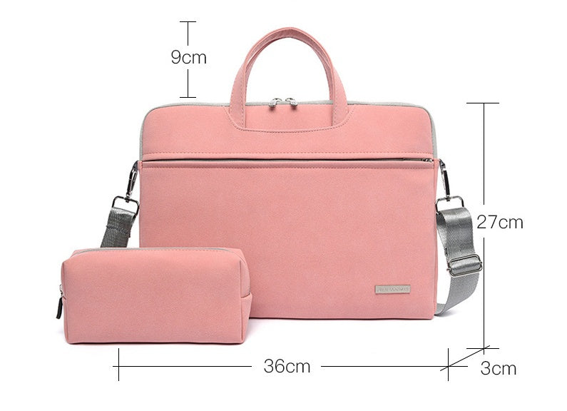 Pink PU leather briefcase-style laptop bag with matching front pouch and shoulder strap