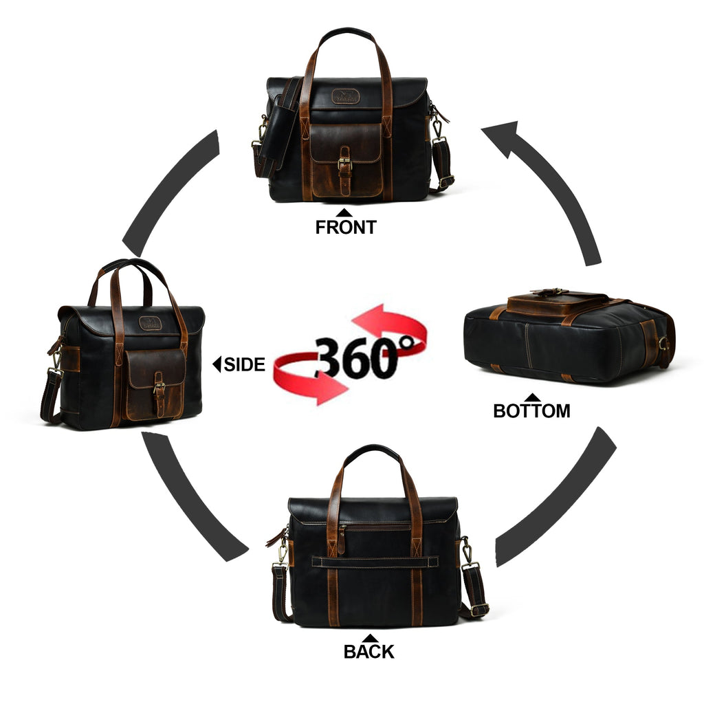 Travel top handle bag shown front, side, back, and bottom angles; crossbody strap attached
