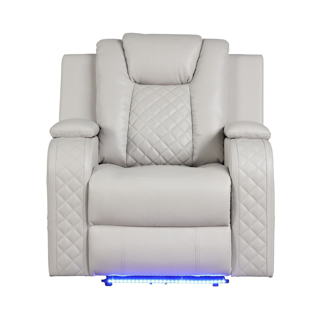 Beige LED power recliner chair with diamond-stitch back and blue LED light at base