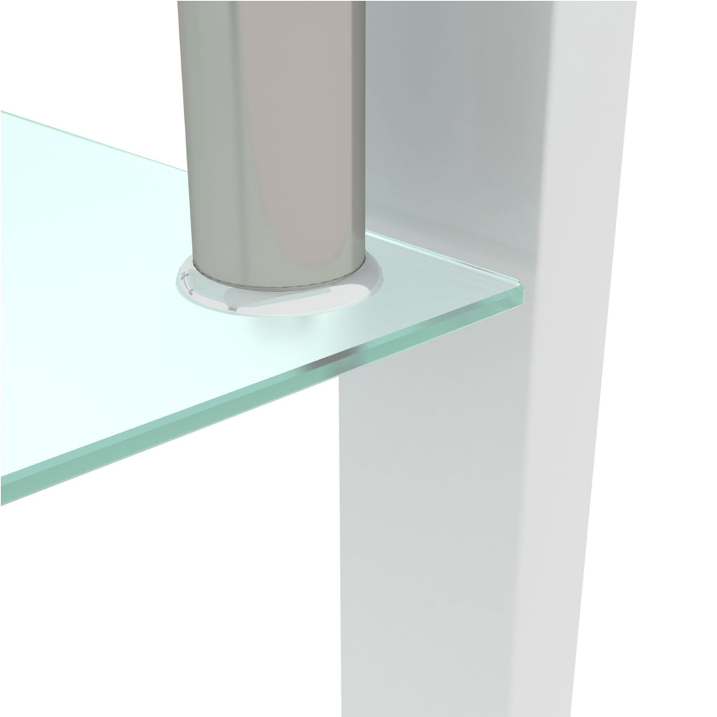 White glass coffee table corner detail with clear top and leg base