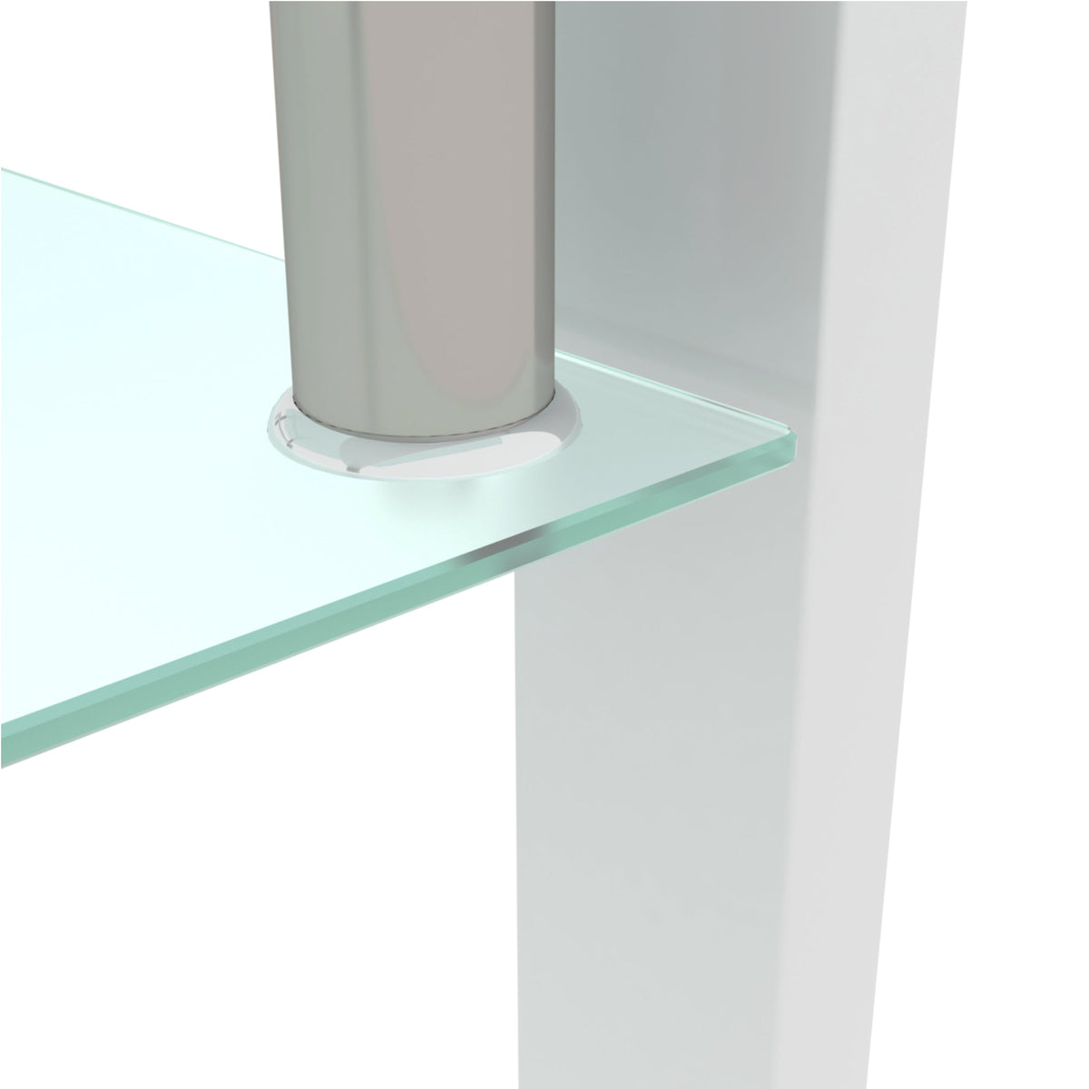 White glass coffee table corner detail with clear top and leg base