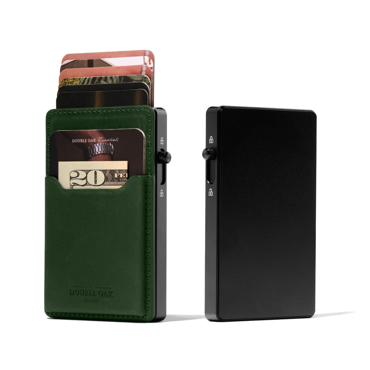 Green leather phone wallet with front card pocket and side latch, front and back