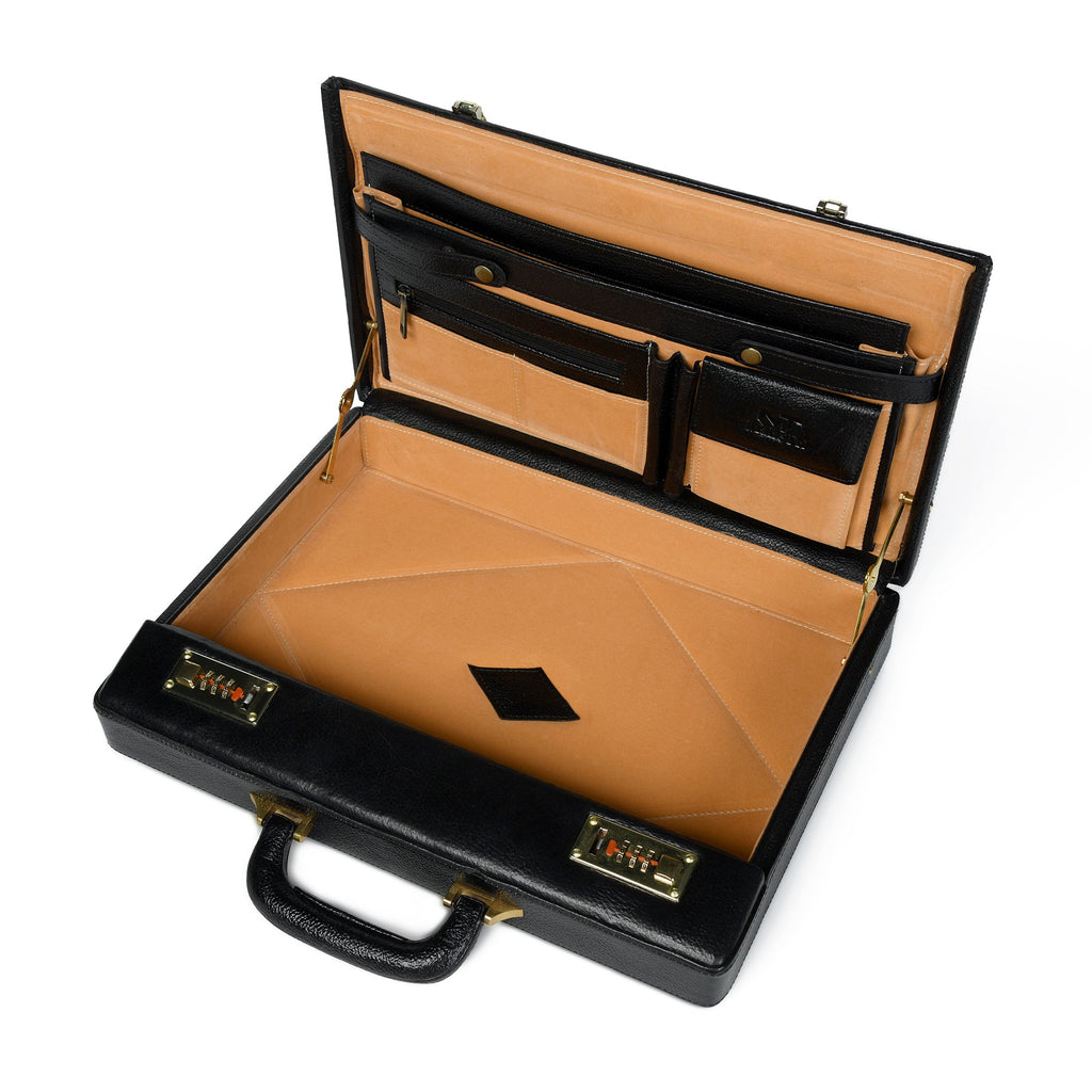 Open black briefcase interior with organizer panels and pen slots