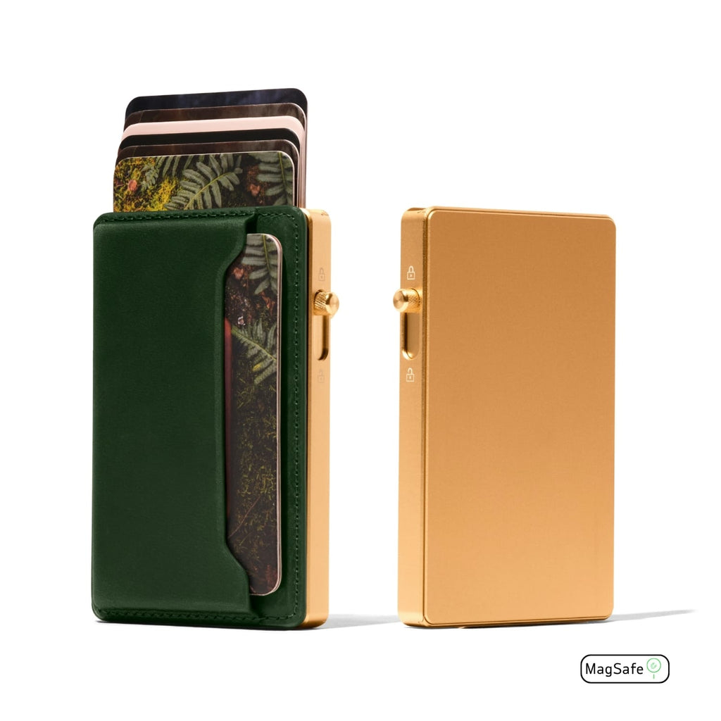 Green leather cardholder wallet with gold-toned metal back and MagSafe.