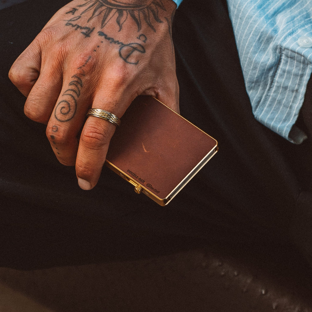 Brown leather mod wallet cardholder, slim profile with card slot visible