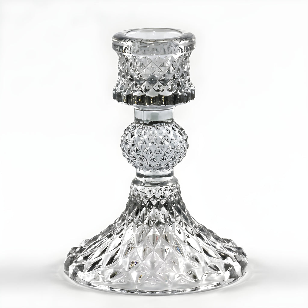 Faceted smoke-gray glass taper holder with ribbed top and flared base