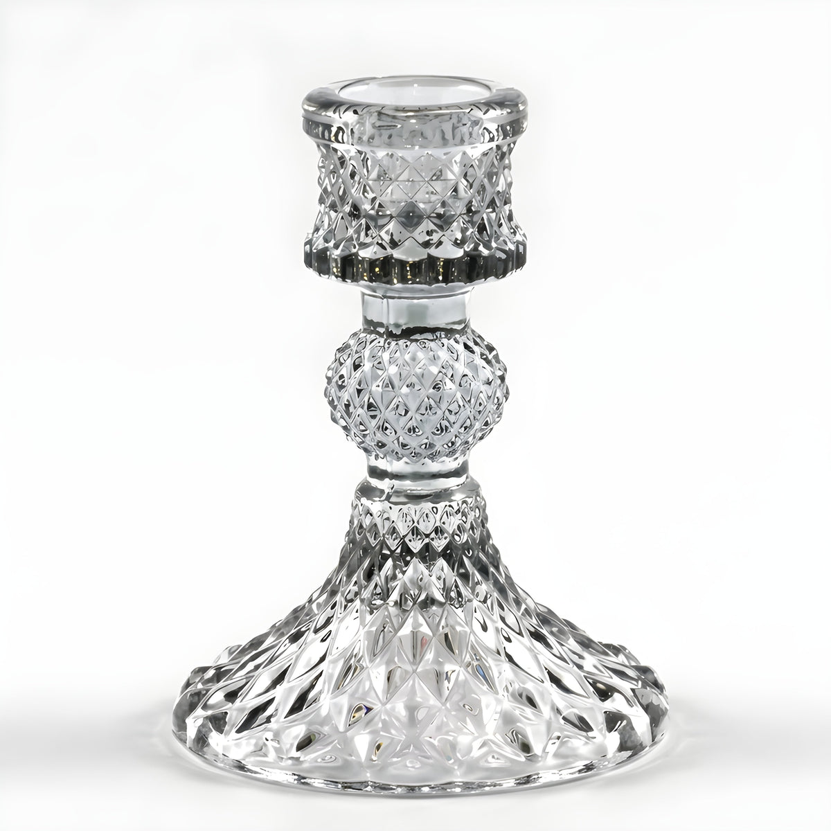 Faceted smoke-gray glass taper holder with ribbed top and flared base