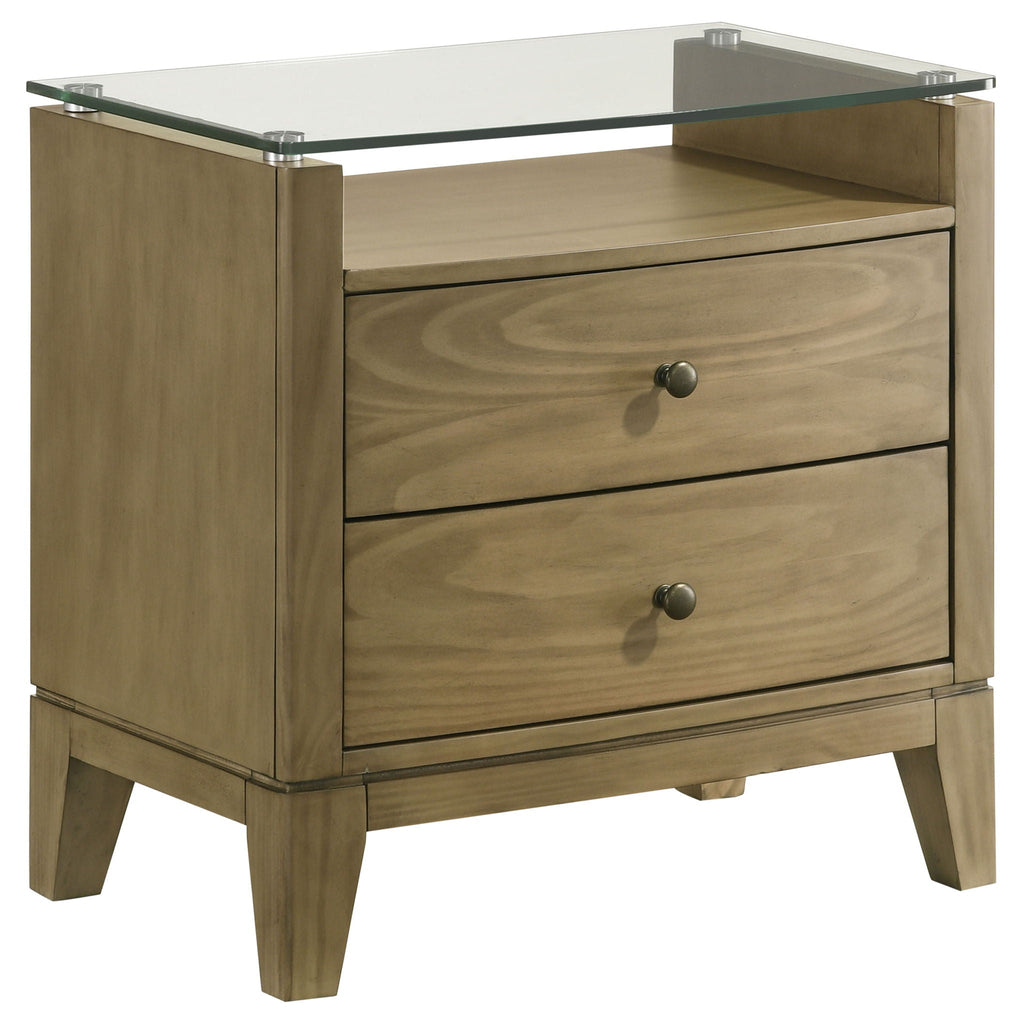 Natural pine 2-drawer nightstand with glass top and round metal knobs