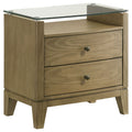 Natural pine 2-drawer nightstand with glass top and round metal knobs