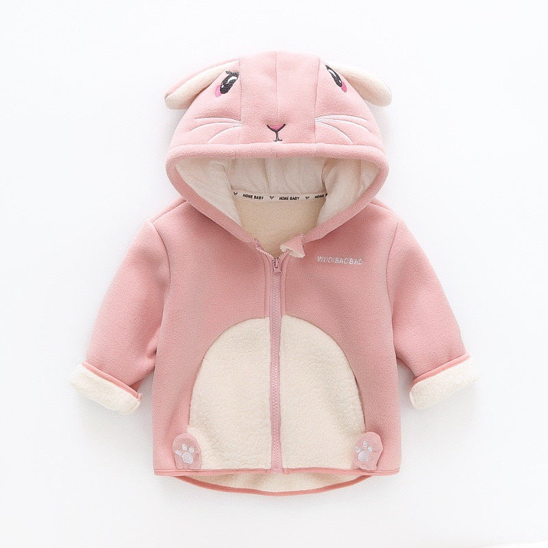 Pink baby hooded velvet jacket with bunny ears, full front zipper