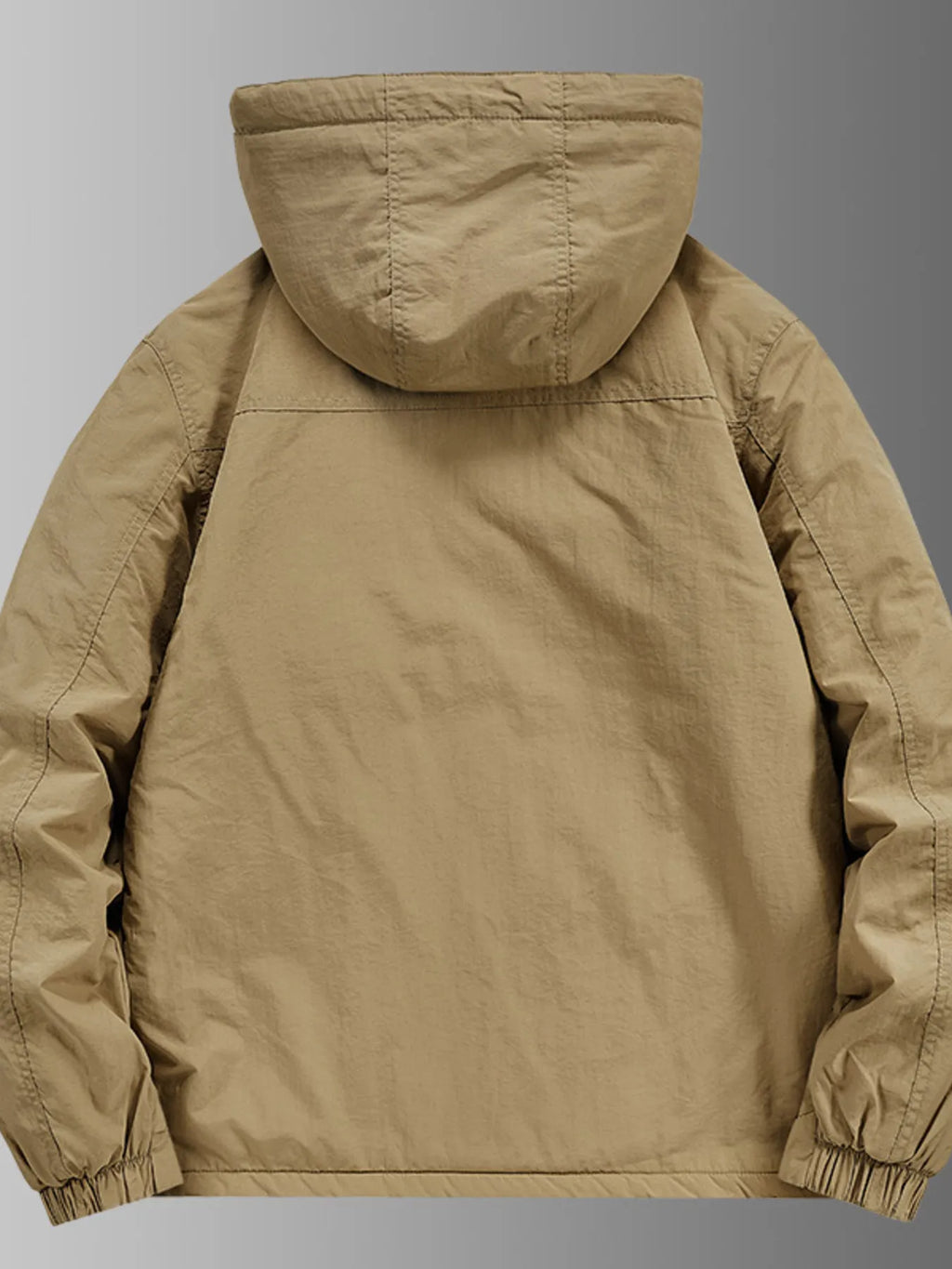 Men's waterproof hooded outdoor jacket, khaki back view with adjustable hood