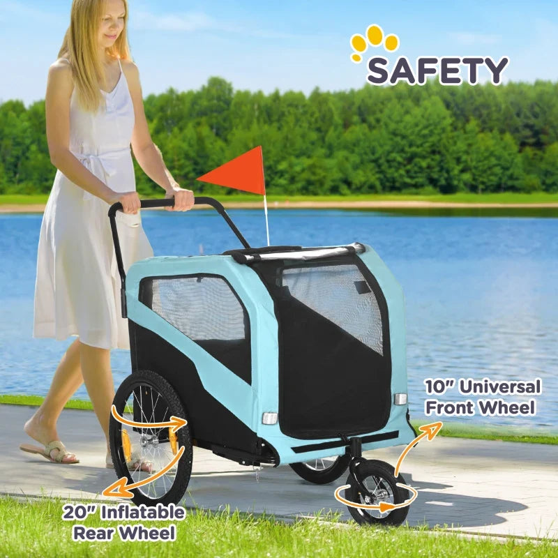 Blue dog bike trailer with safety handlebar and inflatable rear wheel