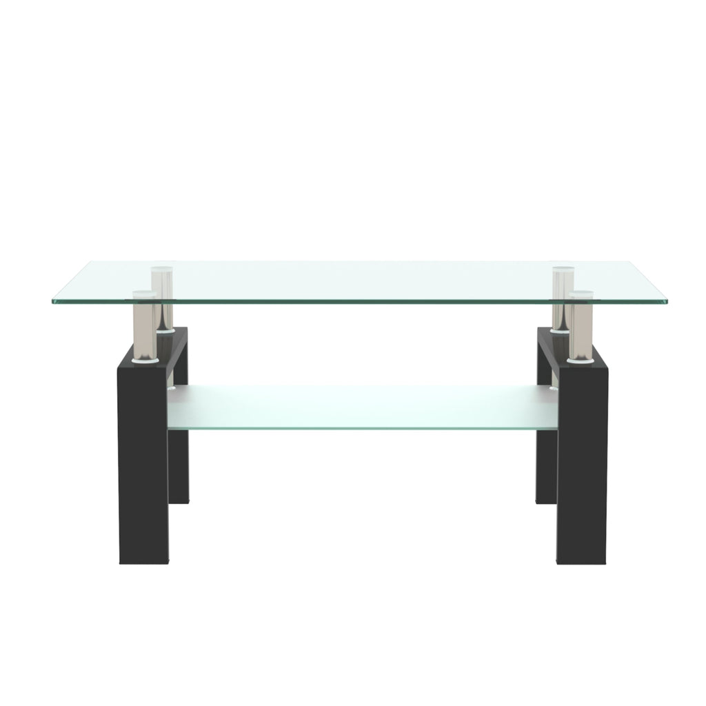 Rectangular black glass coffee table with clear glass top and two-tier design