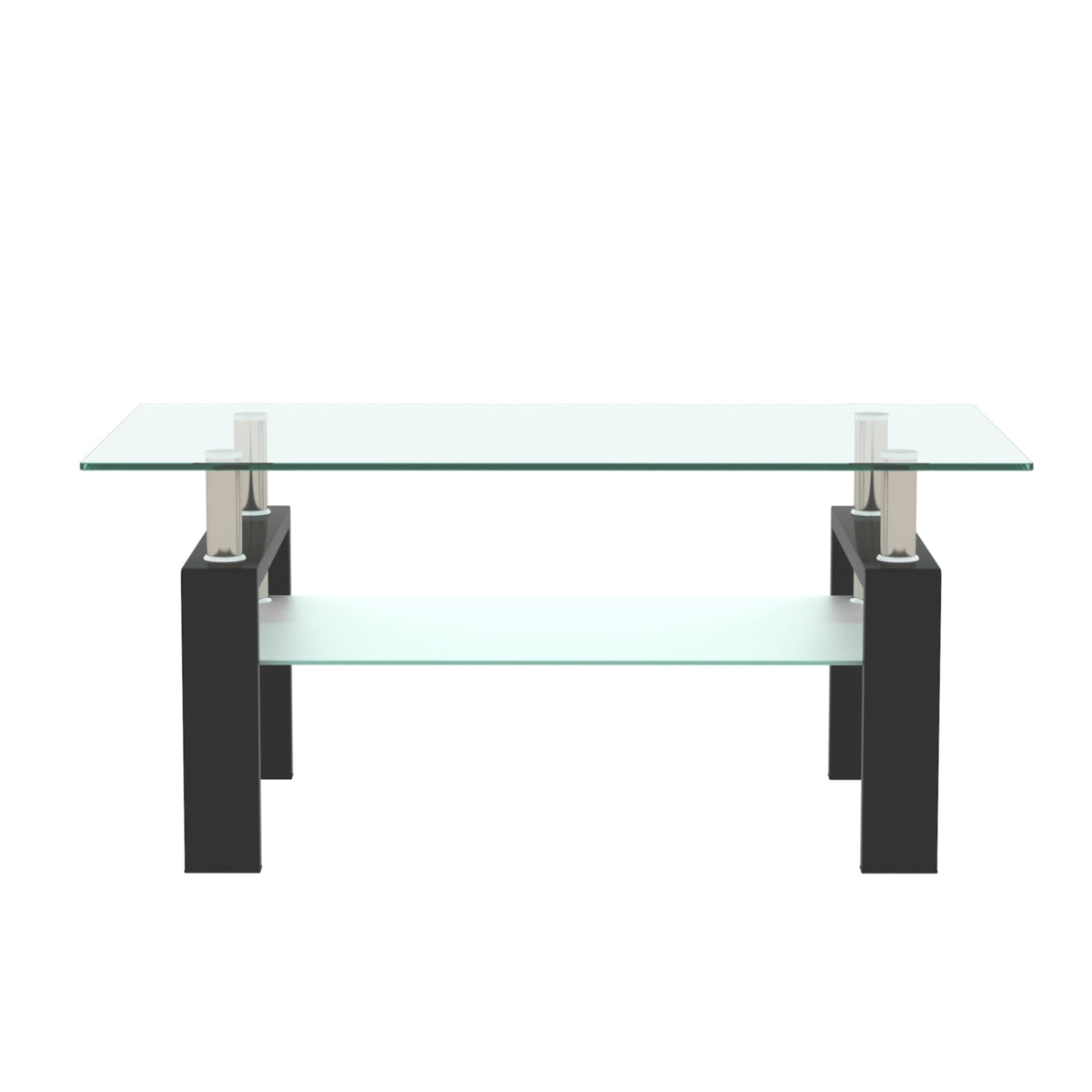 Rectangular black glass coffee table with clear glass top and two-tier design