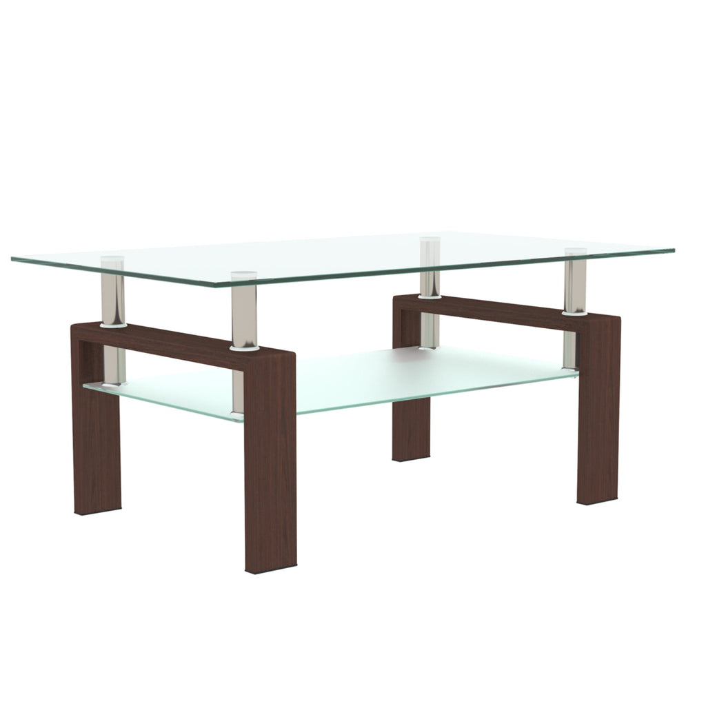 Rectangular clear glass coffee table with walnut frame and two-tier glass shelves