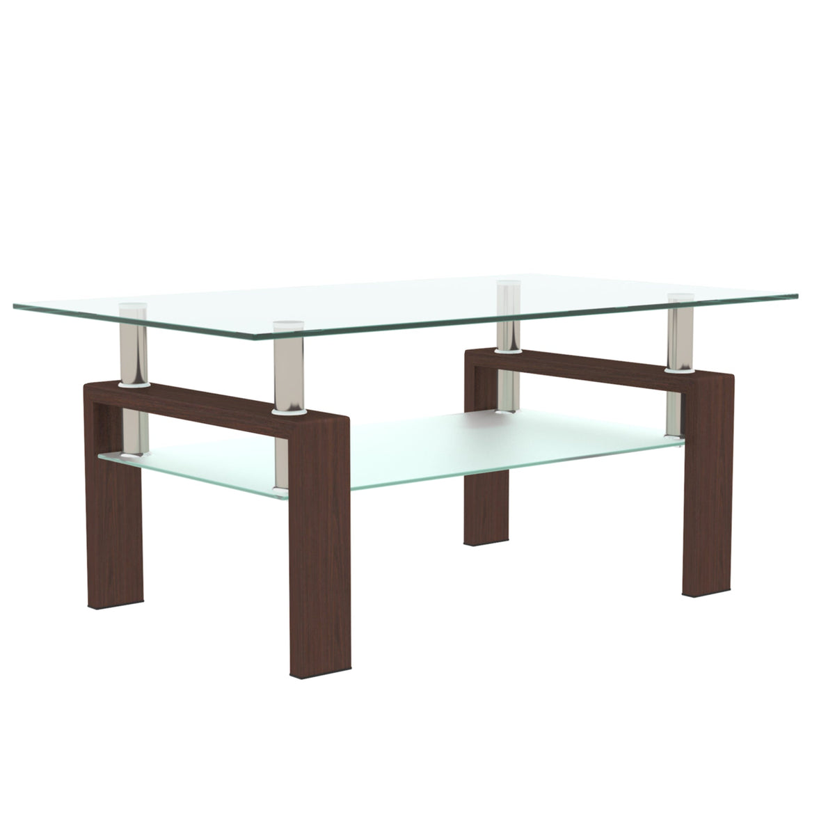 Rectangular clear glass coffee table with walnut frame and two-tier glass shelves