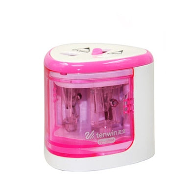 Pink two-hole electric pencil sharpener with clear front window and top controls