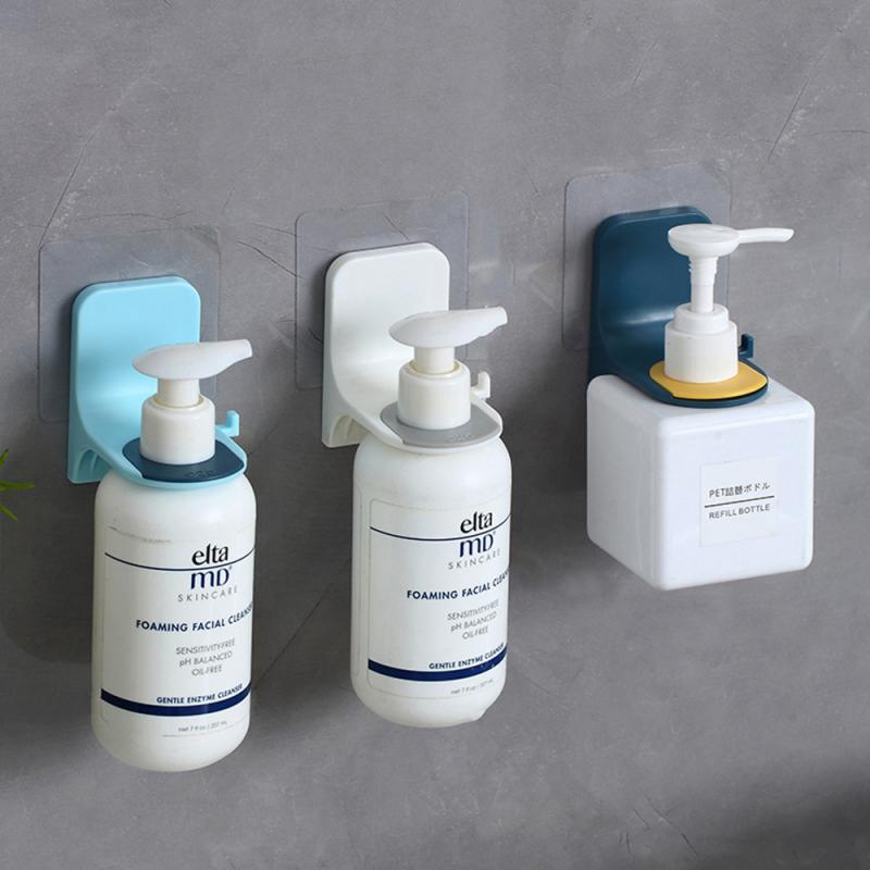 Self-adhesive shower bottle holder set, three racks with dispenser bottles in dark, white, light