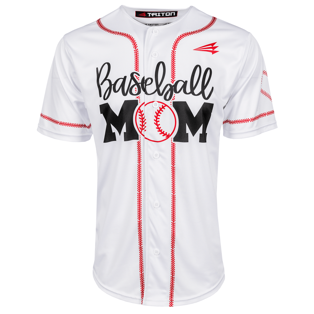 White baseball jersey with red trim and 'Baseball Mom' front graphic with baseball