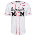 White baseball jersey with red trim and 'Baseball Mom' front graphic with baseball