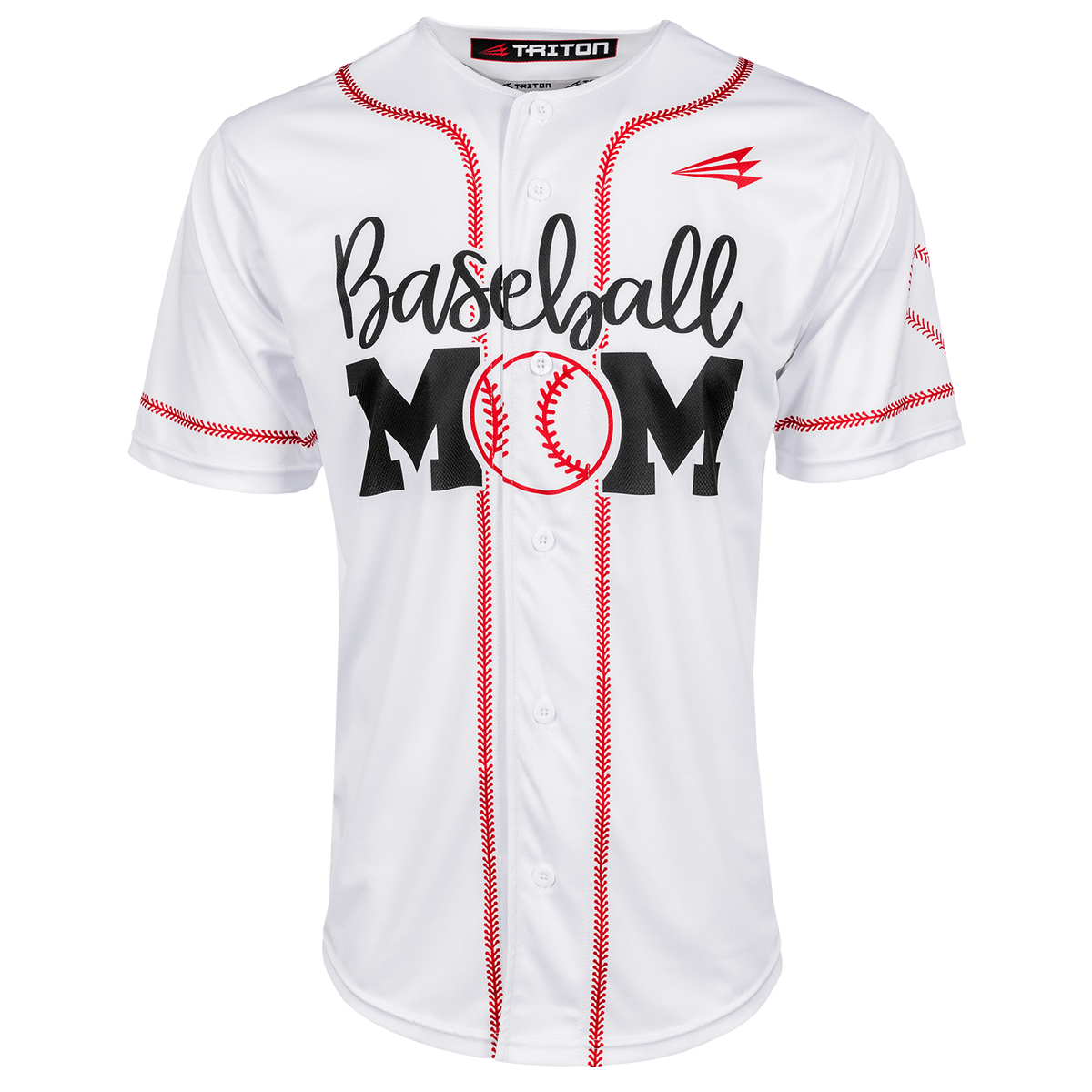 White baseball jersey with red trim and 'Baseball Mom' front graphic with baseball