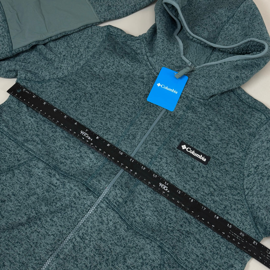 Teal heather full-zip fleece jacket with logo patch and contrast zipper tape
