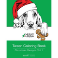 Christmas coloring book cover with puppy in red Santa hat and "Merry Christmas" text