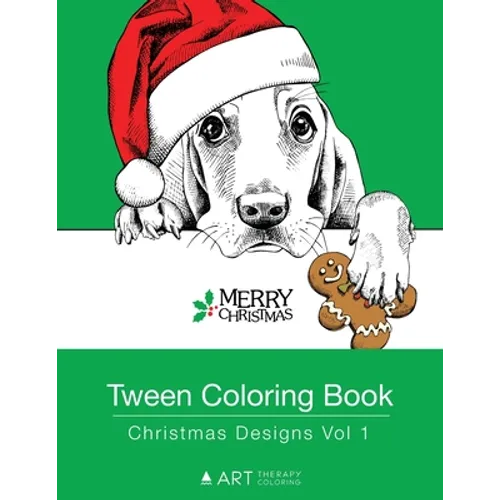 Christmas coloring book cover with puppy in red Santa hat and "Merry Christmas" text
