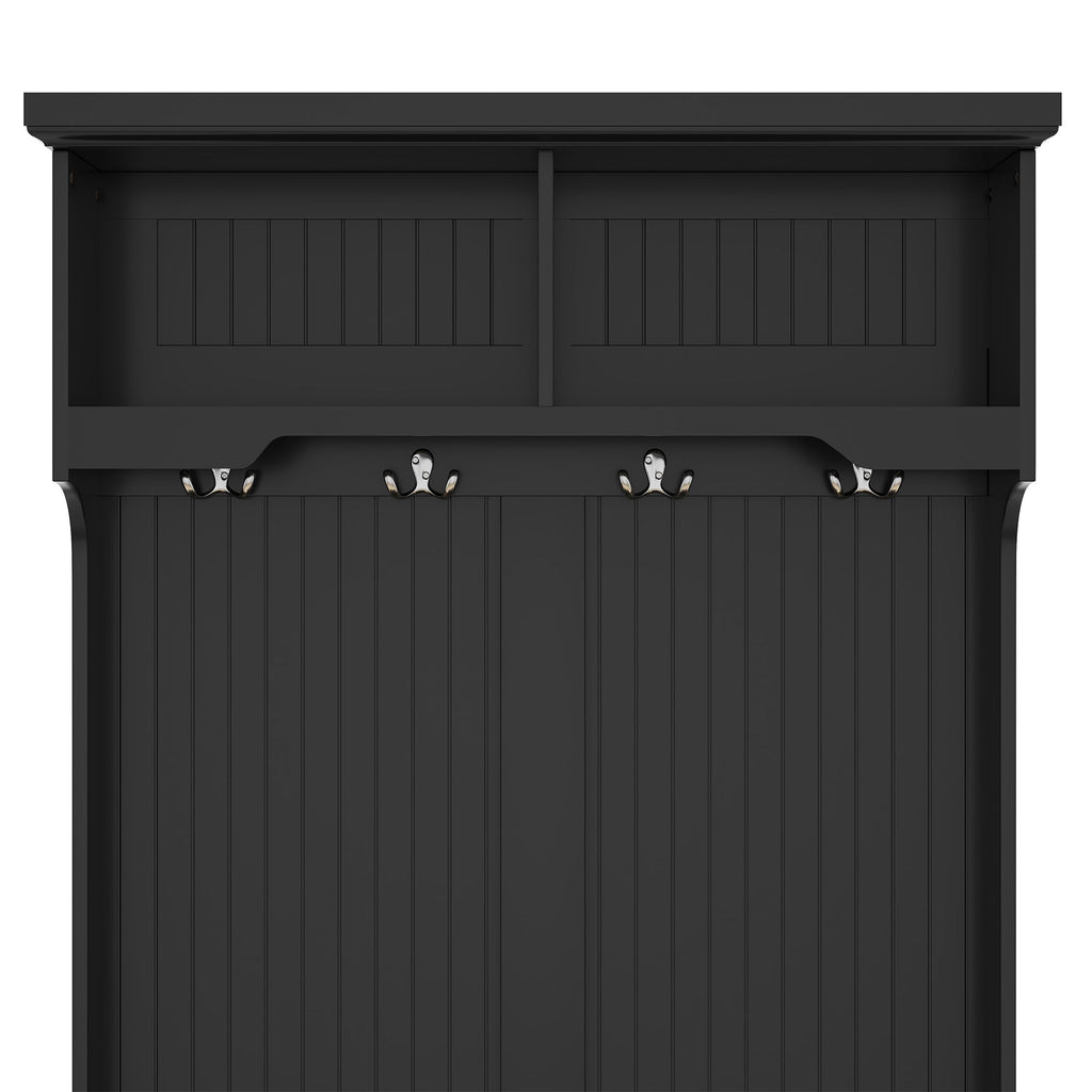 Black hall tree with storage shoe bench, 4 hooks, and double-door cabinet.