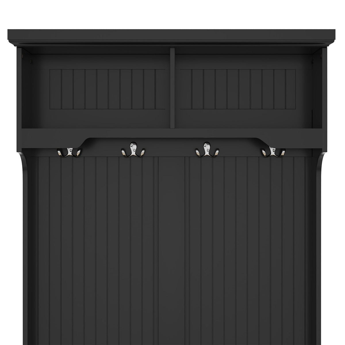 Black hall tree with storage shoe bench, 4 hooks, and double-door cabinet.