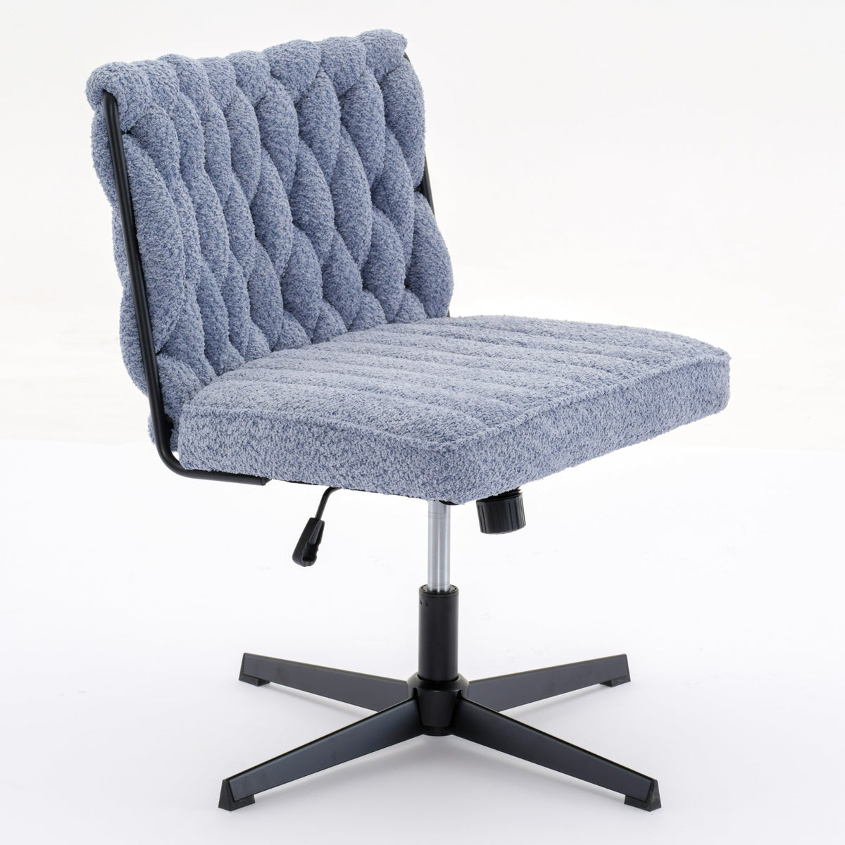 Blue armless desk chair with tufted back, padded seat, and black star base